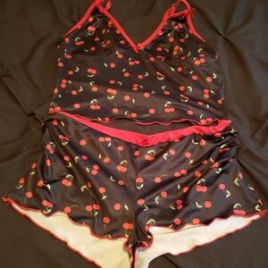 SHEIN Women's Black and Red Cherry Print Pajama Set